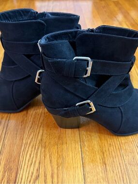 Women's Black Suede Ankle Boots with Buckle Detail
